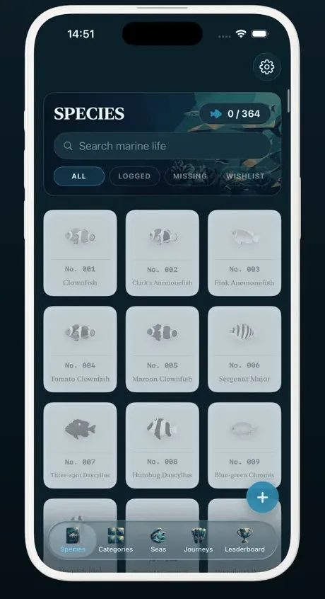 The Shooal species screen: a scrollable grid of marine life cards, each numbered like a specimen plate.