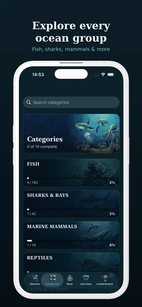 Categories screen grouping ocean life into fish, sharks and rays, marine mammals, reptiles and more.