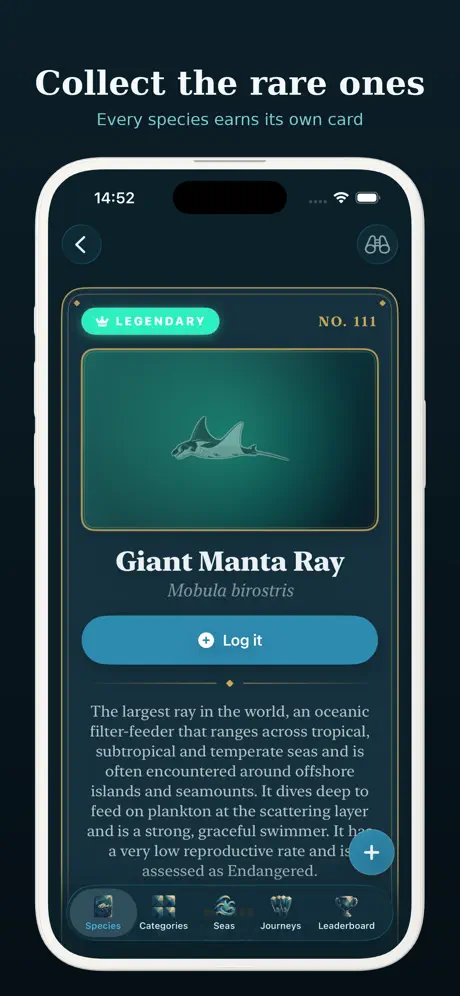 A Giant Manta Ray species card marked Legendary, No. 111, with a Log it button and a fact sheet.