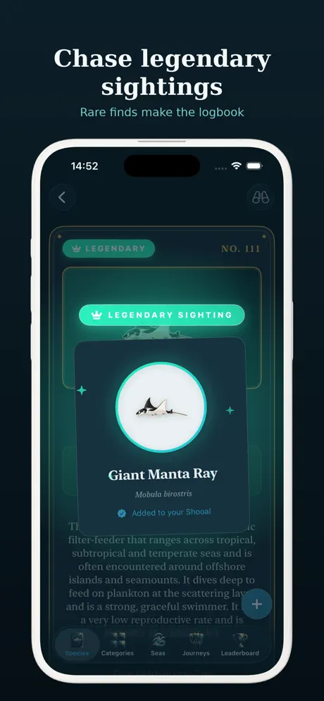 The sighting reveal for a Legendary Giant Manta Ray, added to your Shooal with a celebratory glow.