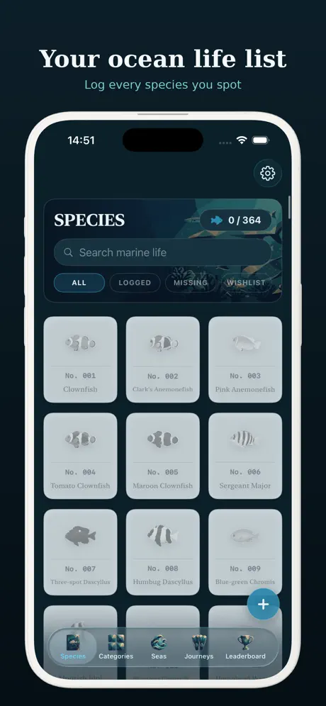 The species list: marine life shown as numbered specimen tiles with filters for all, logged, missing and wishlist.